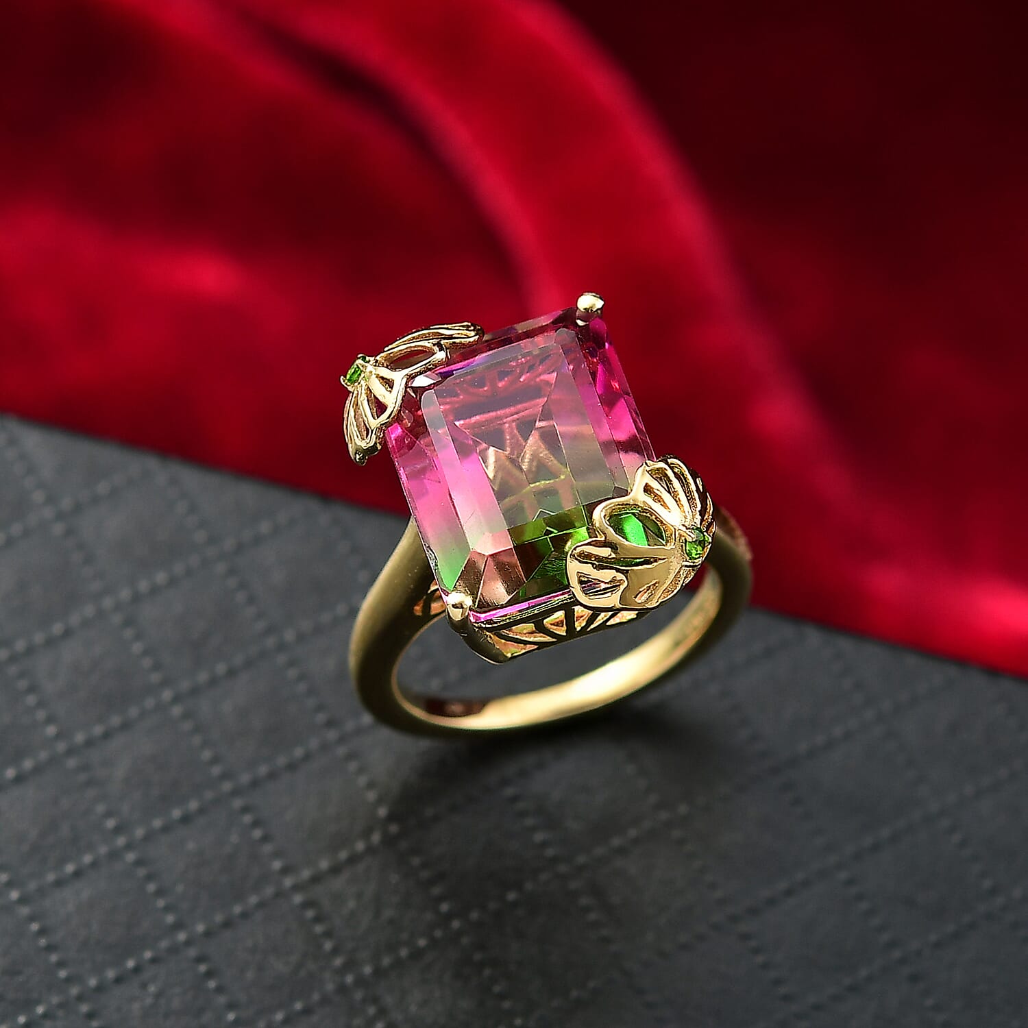 Watermelon Quartz (Triplet) and Chrome Diopside 11.60 ctw Ring in 18K Vermeil Yellow Gold Over Sterling Silver (Size 6.5)