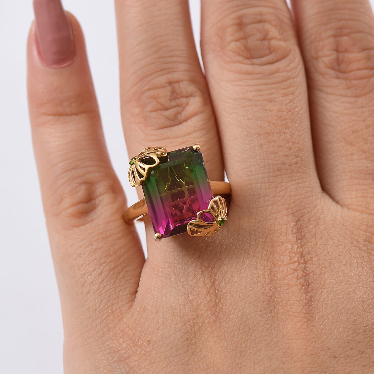 Watermelon Quartz (Triplet) and Chrome Diopside 11.60 ctw Ring in 18K Vermeil Yellow Gold Over Sterling Silver (Size 6.5) image number 2