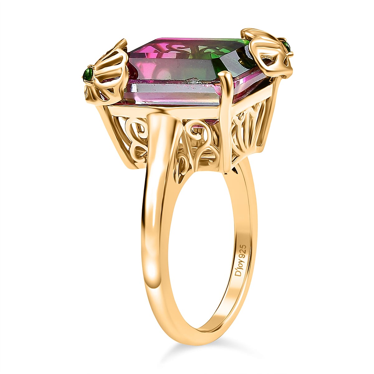 Watermelon Quartz (Triplet) and Chrome Diopside 11.60 ctw Ring in 18K Vermeil Yellow Gold Over Sterling Silver (Size 6.5) image number 3