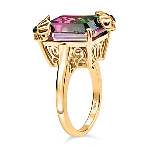 Watermelon Quartz (Triplet) and Chrome Diopside 11.60 ctw Ring in 18K Vermeil Yellow Gold Over Sterling Silver (Size 6.5)