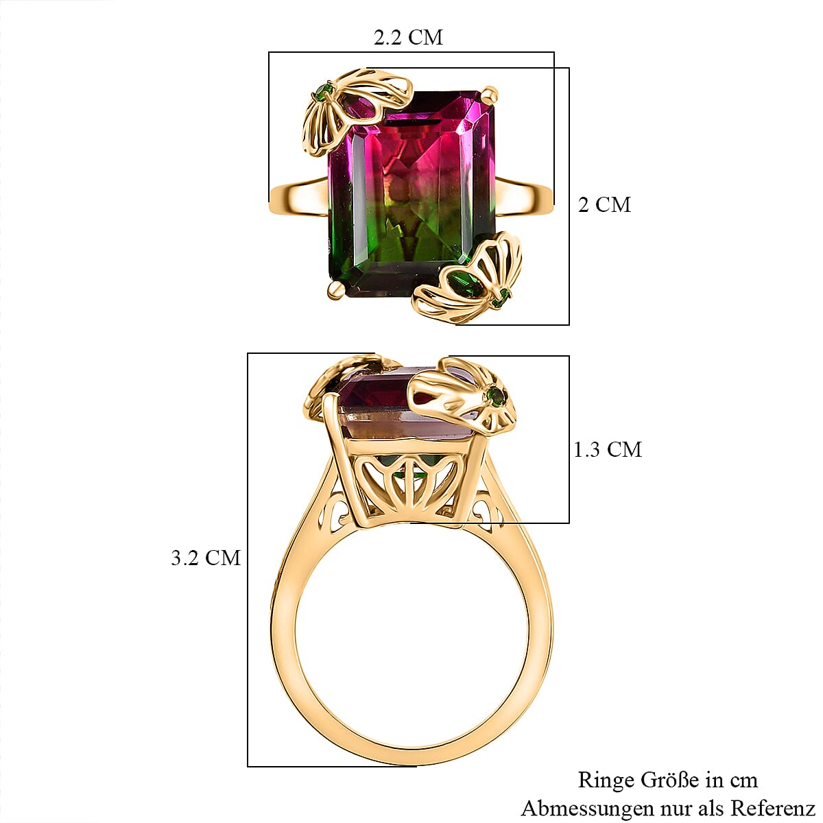 Watermelon Quartz (Triplet) and Chrome Diopside 11.60 ctw Ring in 18K Vermeil Yellow Gold Over Sterling Silver (Size 6.5)