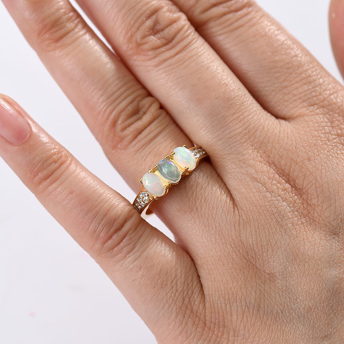 D'Joy Ethiopian Welo Opal and White Zircon 1.00 ctw Ring in 18K YG Plated Sterling Silver (Size 6.5) image number 2