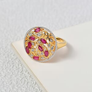 D'Joy African Ruby (FF), White Zircon Ring in 18K YG Plated Sterling Silver (Size 6.5) 0.90 ctw
