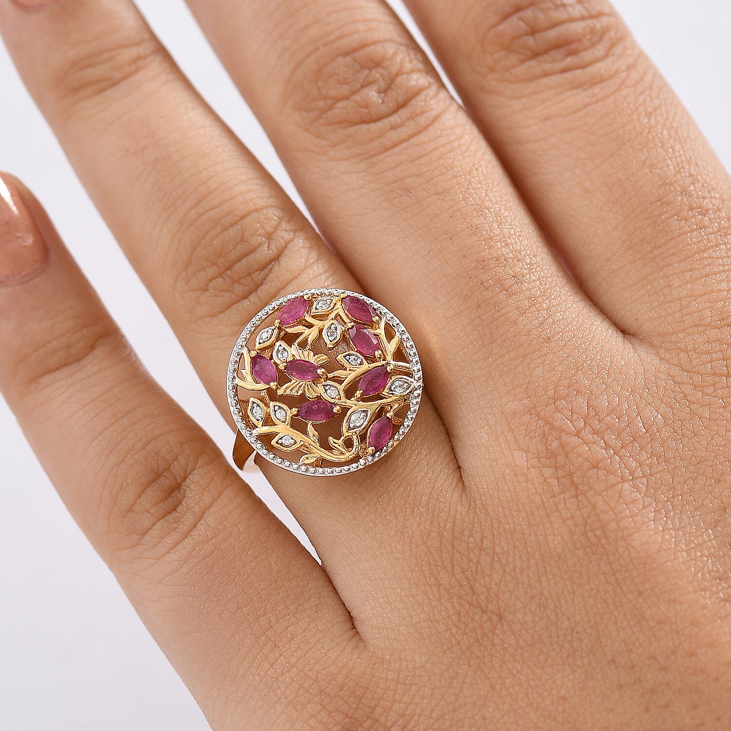 D'Joy African Ruby (FF) and White Zircon 0.90 ctw Ring in 18K YG Plated Sterling Silver (Size 6.5)