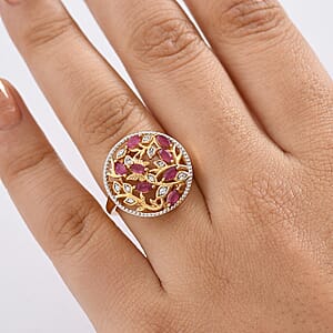 D'Joy African Ruby (FF), White Zircon Ring in 18K YG Plated Sterling Silver (Size 6.5) 0.90 ctw