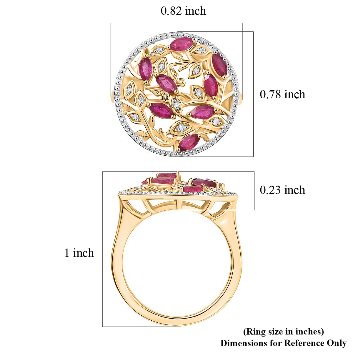 D'Joy African Ruby (FF) and White Zircon 0.90 ctw Ring in 18K YG Plated Sterling Silver (Size 6.5)