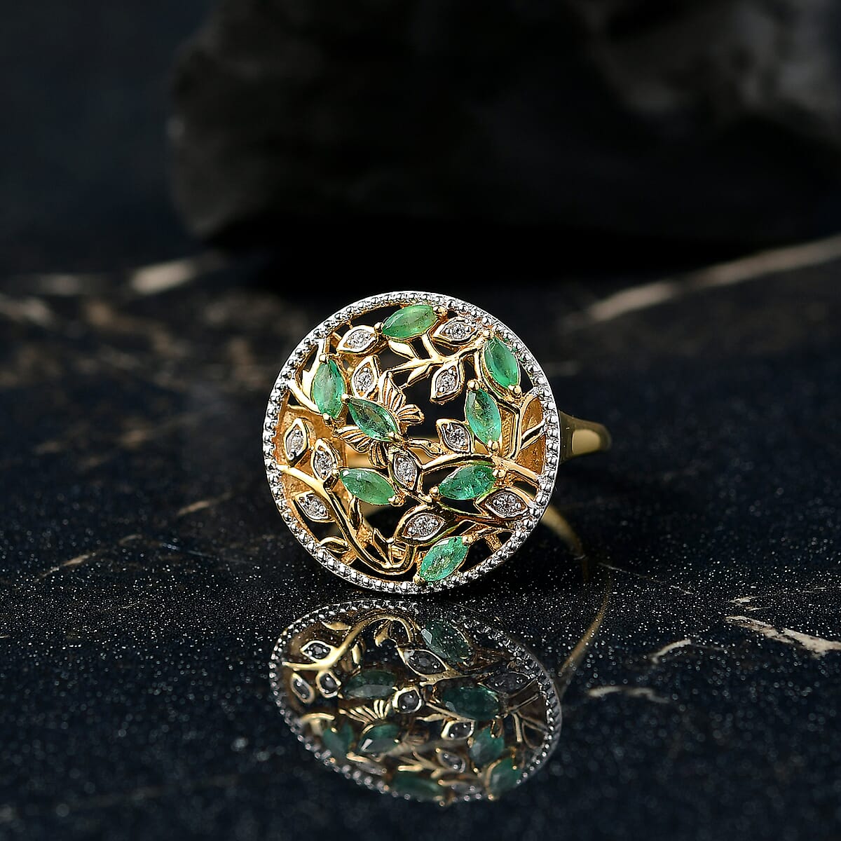 D'Joy Kagem Zambian Emerald and White Zircon 0.70 ctw Ring in 18K YG Plated Sterling Silver (Size 6.5) image number 1