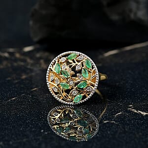 D'Joy Kagem Zambian Emerald and White Zircon 0.70 ctw Ring in 18K YG Plated Sterling Silver (Size 6.5)