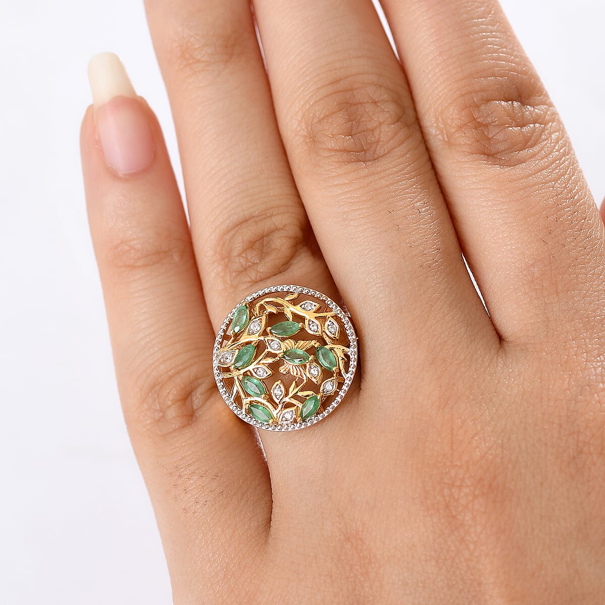 D'Joy Kagem Zambian Emerald and White Zircon 0.70 ctw Ring in 18K YG Plated Sterling Silver (Size 6.5) image number 2