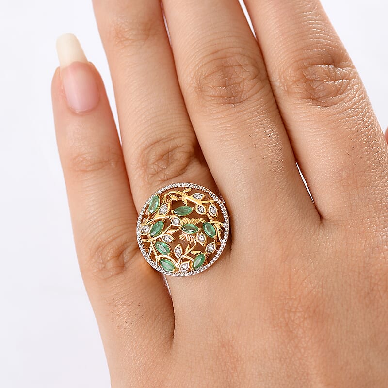 D'Joy Kagem Zambian Emerald and White Zircon 0.70 ctw Ring in 18K YG Plated Sterling Silver (Size 6.5)