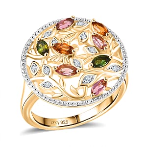 D'Joy Multi-Tourmaline and White Zircon 1.00 ctw Ring in 18K Yellow Gold Plated Sterling Silver (Size 6.5)