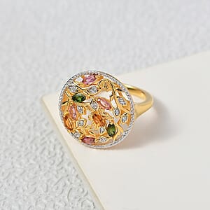 D'Joy Multi-Tourmaline and White Zircon 1.00 ctw Ring in 18K Yellow Gold Plated Sterling Silver (Size 6.5)