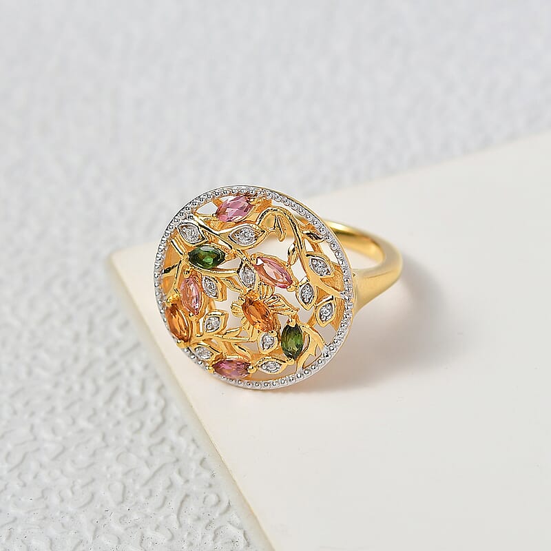D'Joy Multi-Tourmaline and White Zircon 1.00 ctw Ring in 18K Yellow Gold Plated Sterling Silver (Size 6.5)