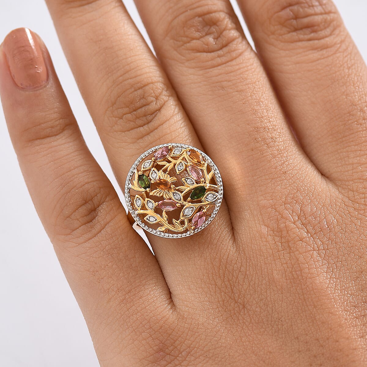 D'Joy Multi-Tourmaline and White Zircon 1.00 ctw Ring in 18K Yellow Gold Plated Sterling Silver (Size 6.5) image number 2