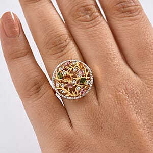 D'Joy Multi-Tourmaline and White Zircon 1.00 ctw Ring in 18K Yellow Gold Plated Sterling Silver (Size 6.5)