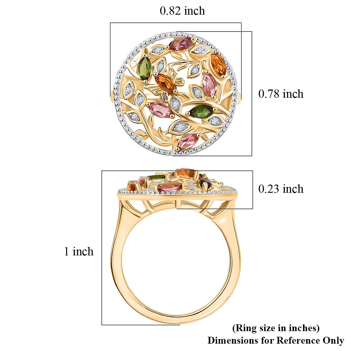D'Joy Multi-Tourmaline and White Zircon 1.00 ctw Ring in 18K Yellow Gold Plated Sterling Silver (Size 6.5) image number 5