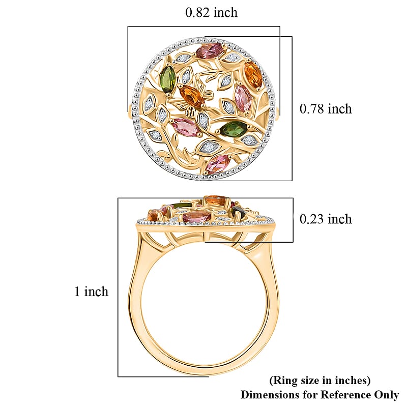D'Joy Multi-Tourmaline and White Zircon 1.00 ctw Ring in 18K Yellow Gold Plated Sterling Silver (Size 6.5)