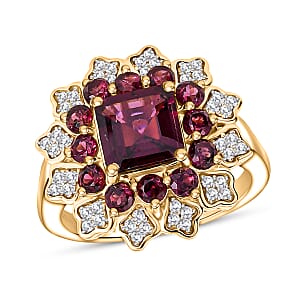D'Joy Premium Orissa Rhodolite Garnet and White Zircon 3.50 ctw Ring in 18K Yellow Gold Plated Sterling Silver (Size 6.0)