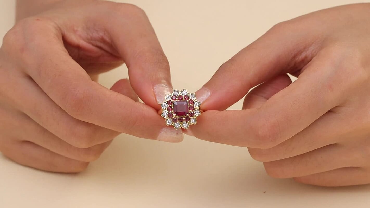 D'Joy Premium Orissa Rhodolite Garnet, White Zircon Ring in 18K YG Plated Sterling Silver (Size 6.0) 3.50 ctw