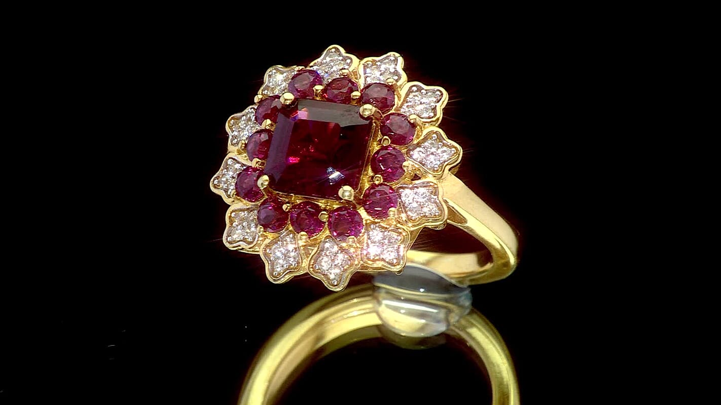 D'Joy Premium Orissa Rhodolite Garnet, White Zircon Ring in 18K YG Plated Sterling Silver (Size 6.0) 3.50 ctw