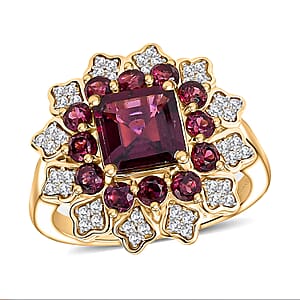 D'Joy Premium Orissa Rhodolite Garnet and White Zircon 3.50 ctw Ring in 18K Yellow Gold Plated Sterling Silver (Size 7.0)