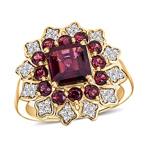 D'Joy Premium Orissa Rhodolite Garnet and White Zircon 3.50 ctw Ring in 18K Yellow Gold Plated Sterling Silver (Size 7.5)