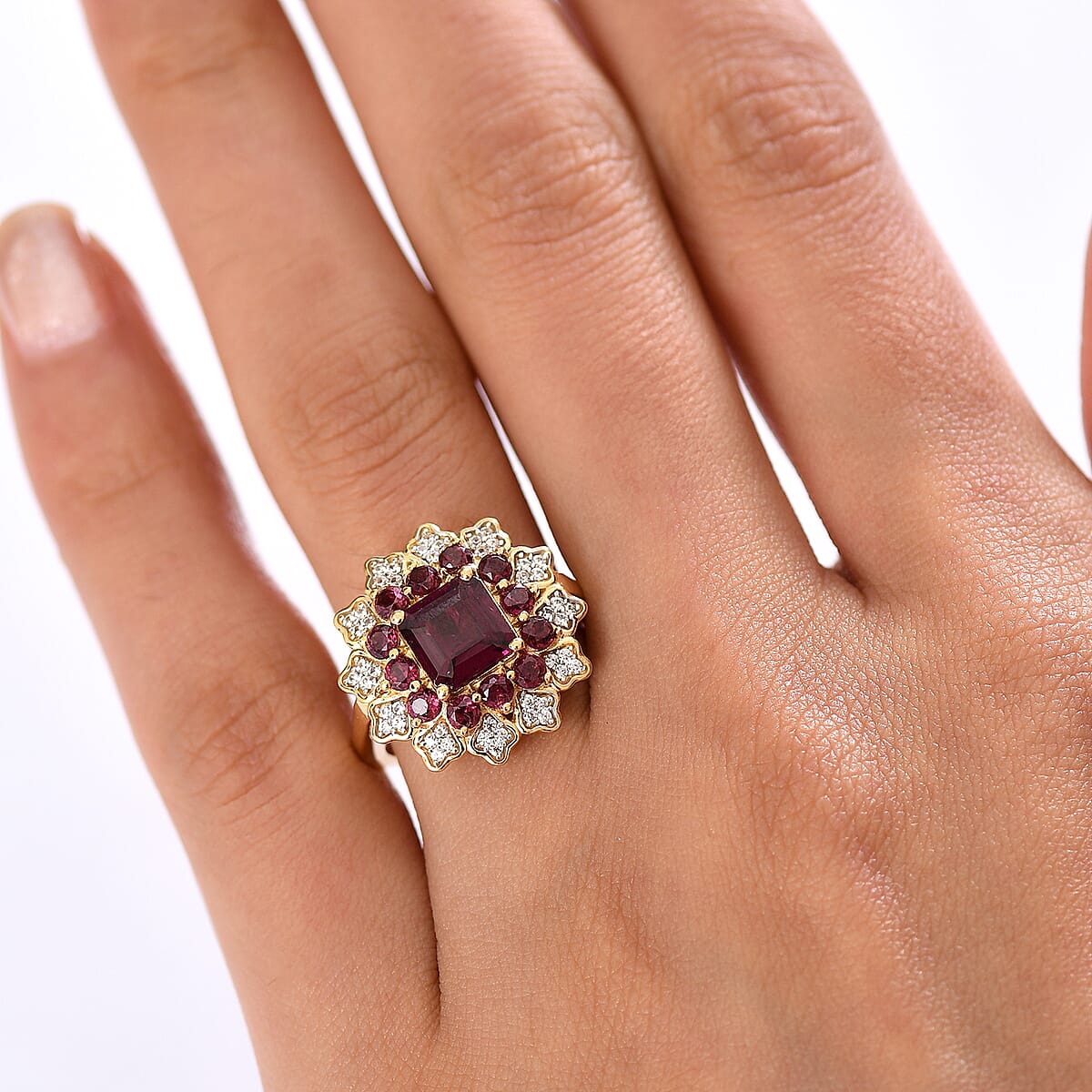 D'Joy Premium Orissa Rhodolite Garnet and White Zircon 3.50 ctw Ring in 18K Yellow Gold Plated Sterling Silver (Size 7.5) image number 2