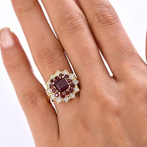 D'Joy Premium Orissa Rhodolite Garnet and White Zircon 3.50 ctw Ring in 18K Yellow Gold Plated Sterling Silver (Size 7.5)