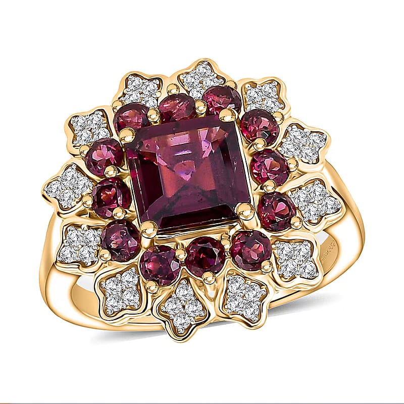 D'Joy Premium Orissa Rhodolite Garnet and White Zircon 3.50 ctw Ring in 18K Yellow Gold Plated Sterling Silver (Size 8.0)