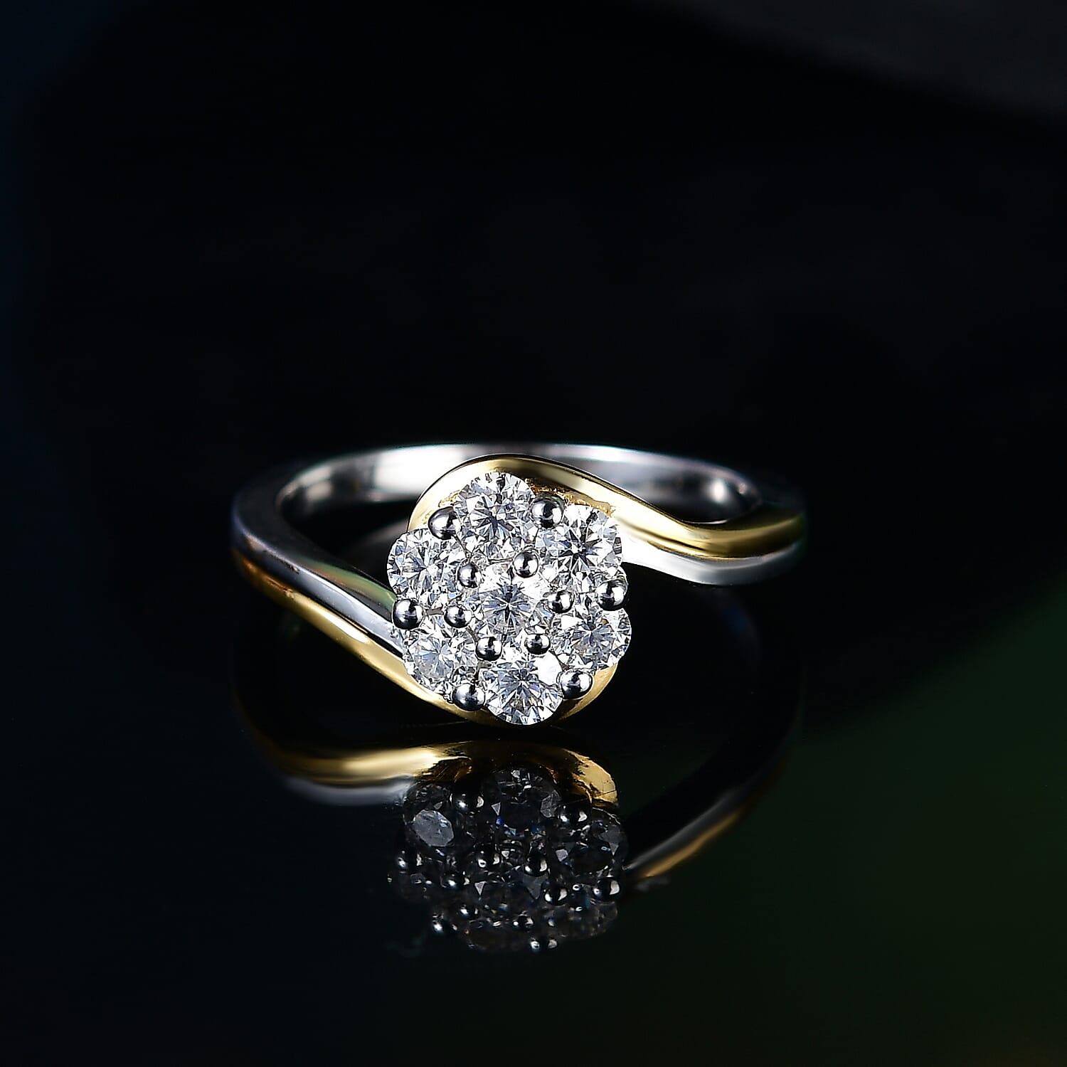 Moissanite 0.60 ctw Bypass Ring in 18K YG Plated and Rhodium Over Sterling Silver (Size 8.0)