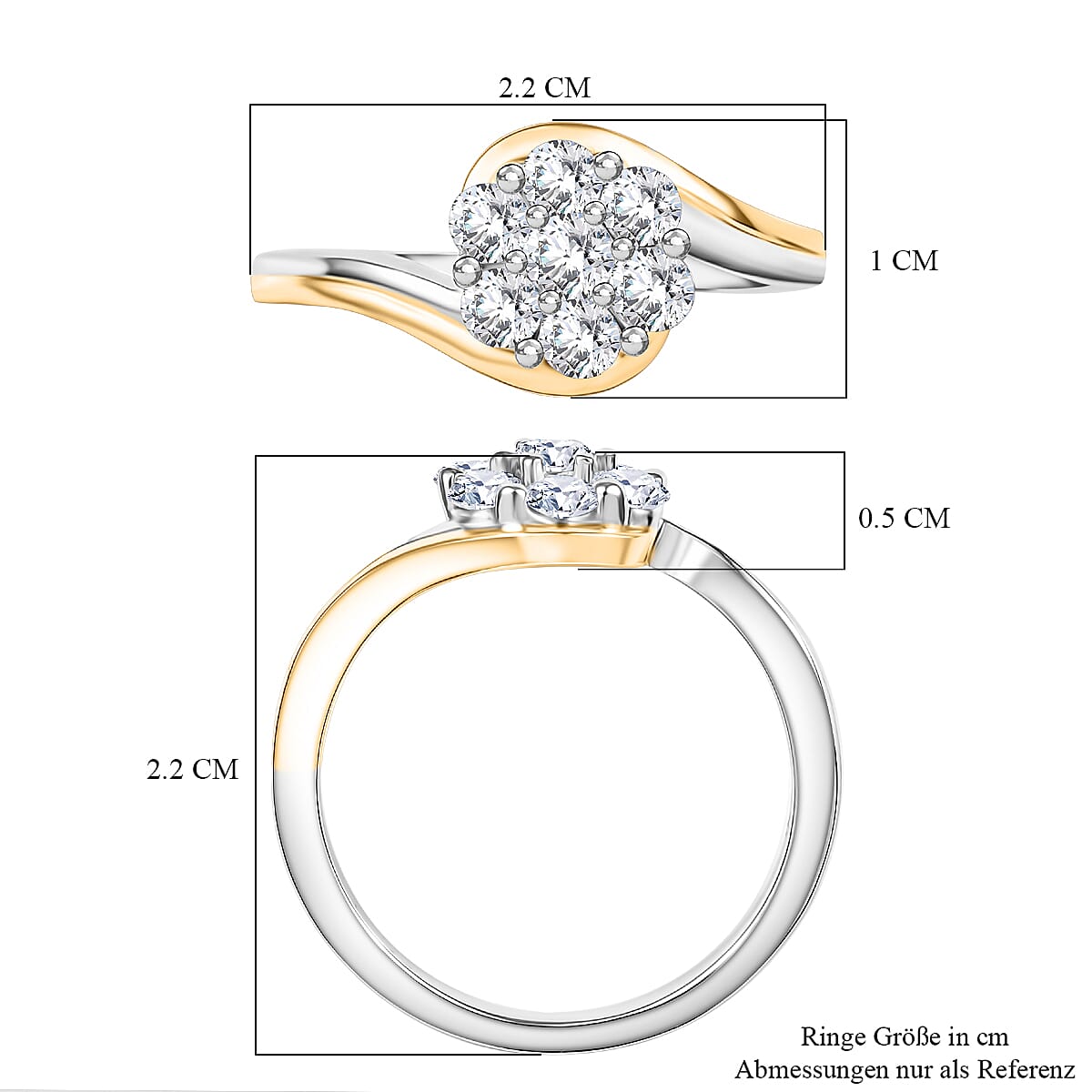 Moissanite 0.60 ctw Bypass Ring in 18K YG Plated and Rhodium Over Sterling Silver (Size 8.0)