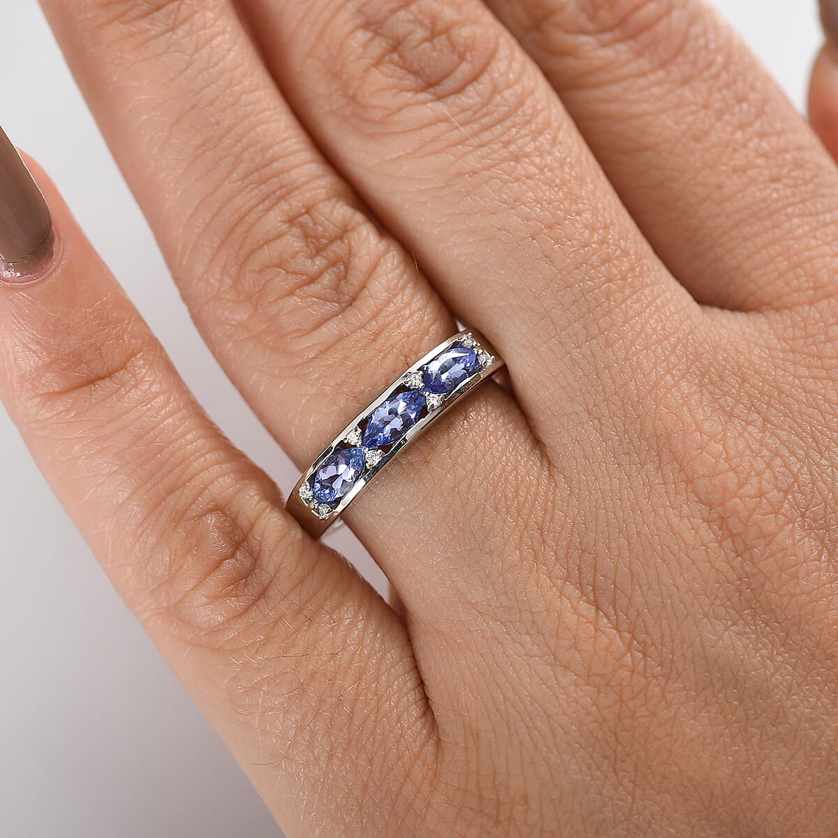 Tanzanite and White Zircon 0.90 ctw Ring in Rhodium Over Sterling Silver (Size 7.5) image number 2