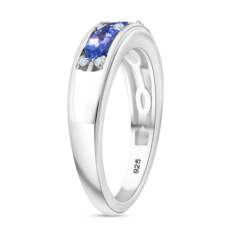 Tanzanite and White Zircon 0.90 ctw Ring in Rhodium Over Sterling Silver (Size 7.5)