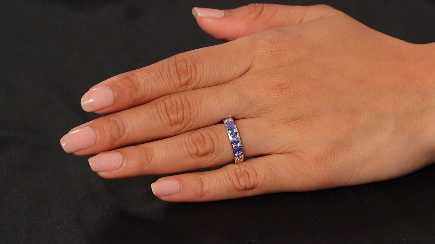 Tanzanite, White Zircon Ring in Rhodium Over Sterling Silver (Size 7.5) 0.90 ctw