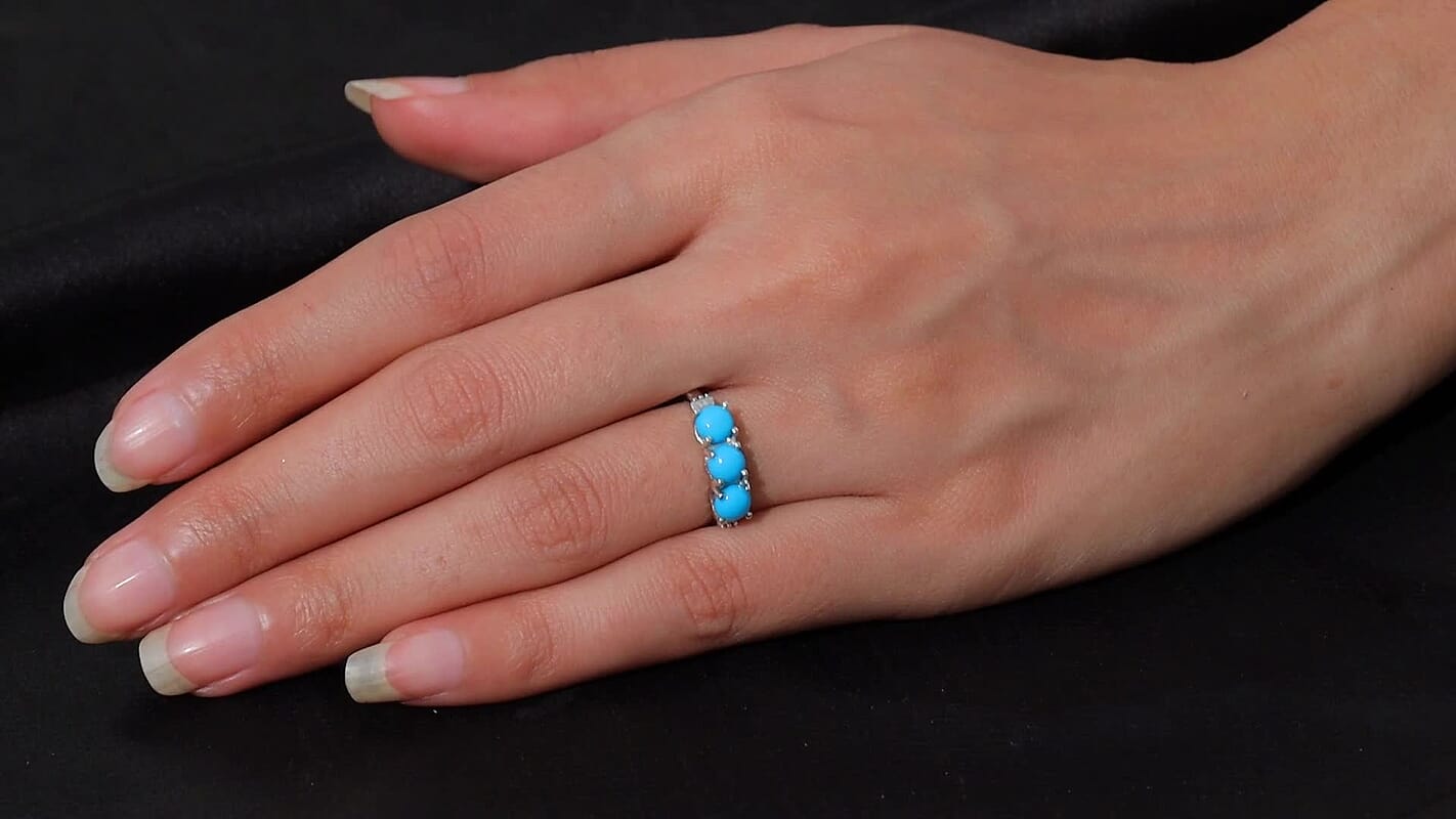 Sleeping Beauty Turquoise, Diamond Ring in Platinum Over Sterling Silver (Size 8.0) 1.40 ctw