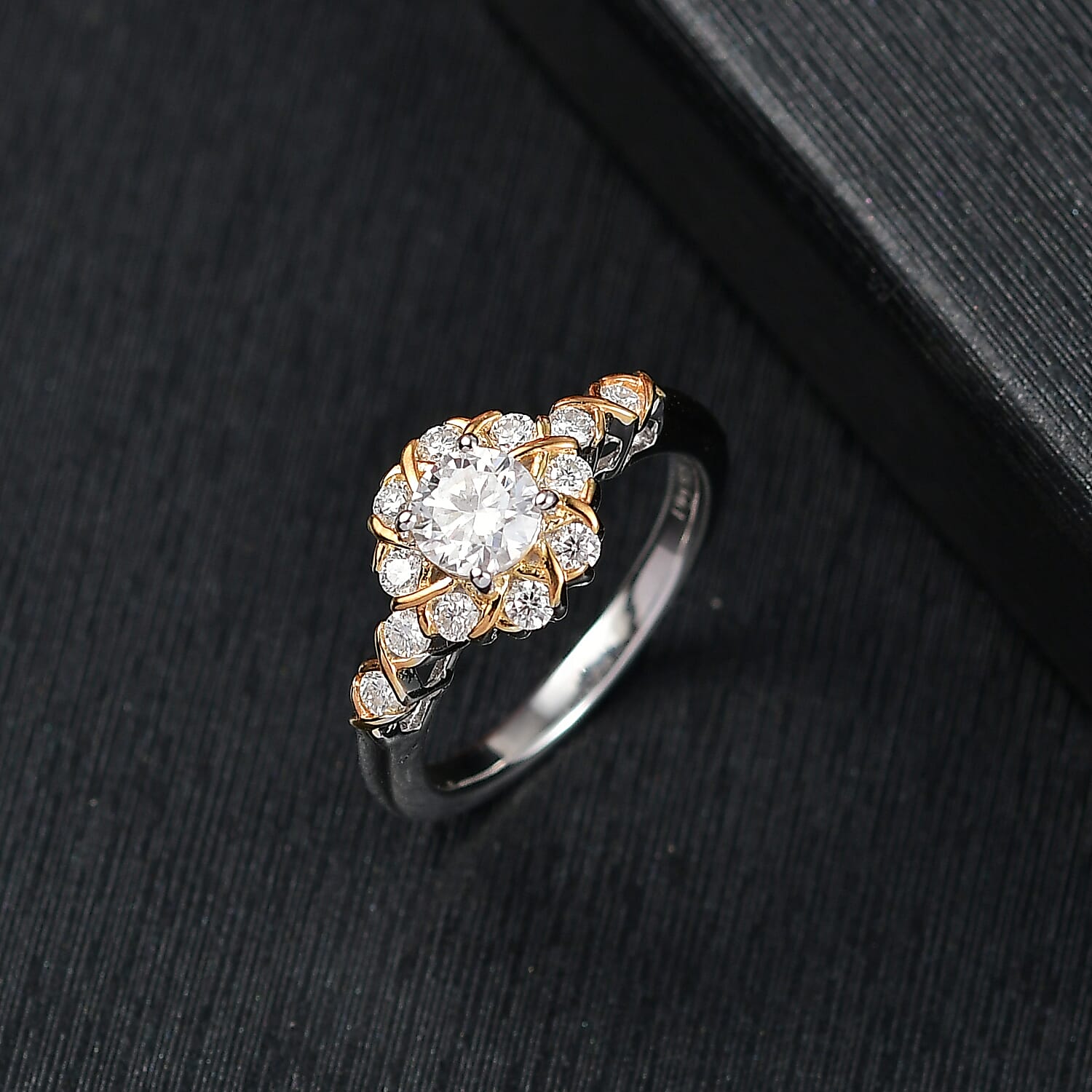 D'Joy Moissanite 0.75 ctw Ring in in 18K YG Plated and Rhodium Over Sterling Silver (Size 6.5)