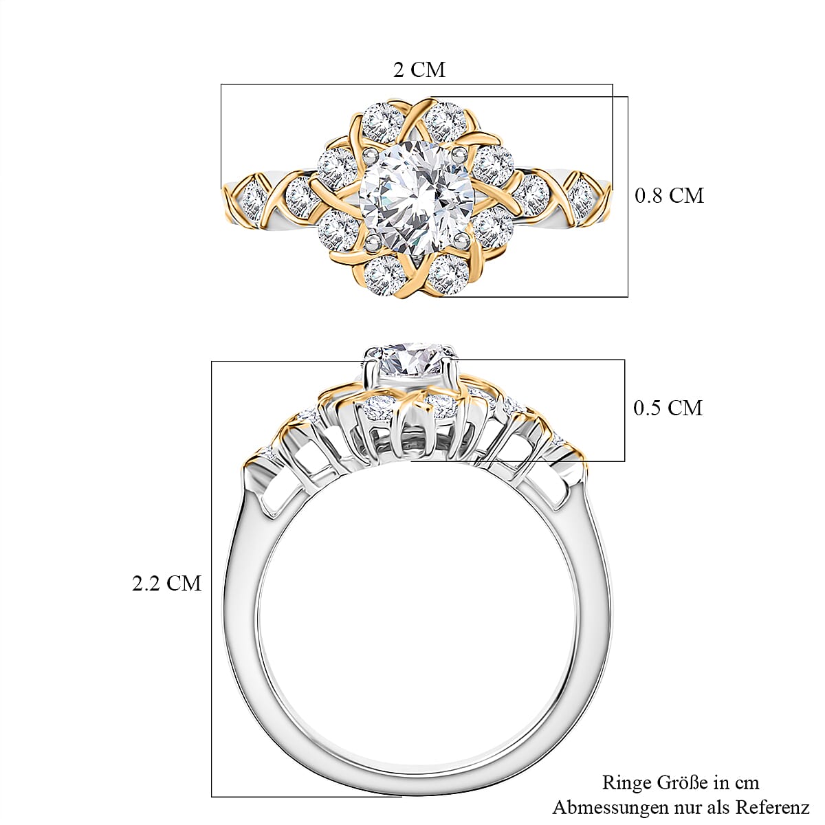 D'Joy Moissanite 0.75 ctw Ring in in 18K YG Plated and Rhodium Over Sterling Silver (Size 6.5)