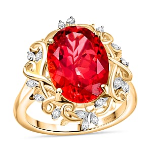 D'Joy Lab Created Padparadscha Sapphire and White Zircon 8.40 ctw Ring in 18K Vermeil Yellow Gold Over Sterling Silver (Size 8.0)