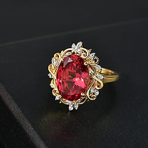 D'Joy Lab Created Padparadscha Sapphire and White Zircon 8.40 ctw Ring in 18K Vermeil Yellow Gold Over Sterling Silver (Size 8.0)