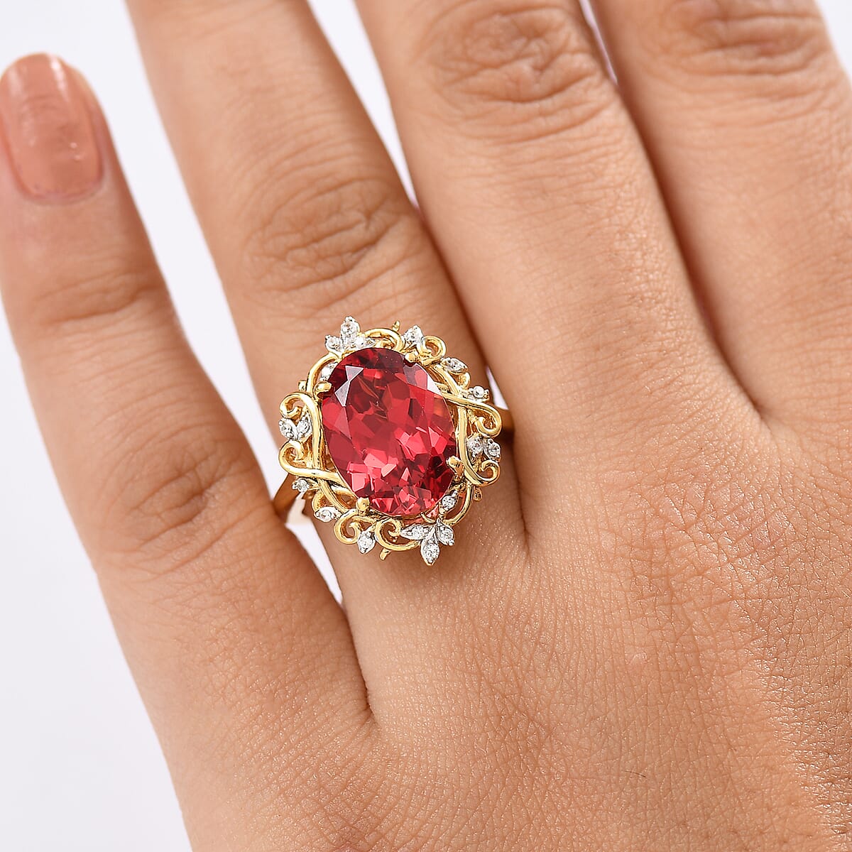 D'Joy Lab Created Padparadscha Sapphire and White Zircon 8.40 ctw Ring in 18K Vermeil Yellow Gold Over Sterling Silver (Size 8.0) image number 2
