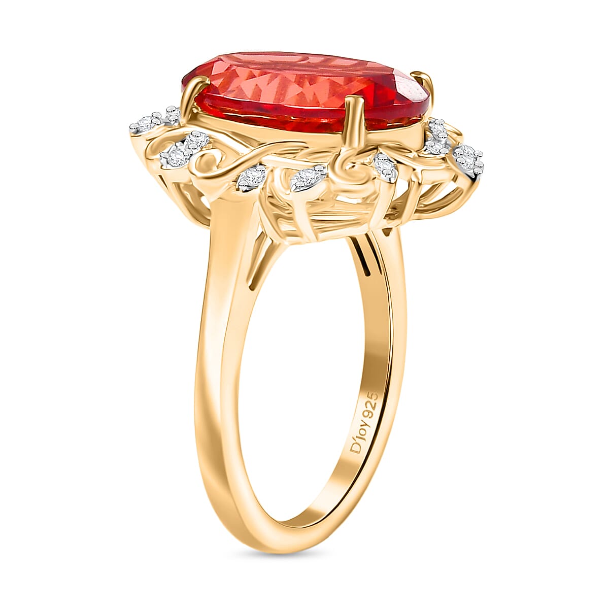 D'Joy Lab Created Padparadscha Sapphire and White Zircon 8.40 ctw Ring in 18K Vermeil Yellow Gold Over Sterling Silver (Size 8.0)