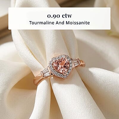 D'Joy Premium Blush Tourmaline and Moissanite 0.90 ctw Romance Heart Ring in 18K Vermeil Rose Gold Over Sterling Silver (Size 5.0)