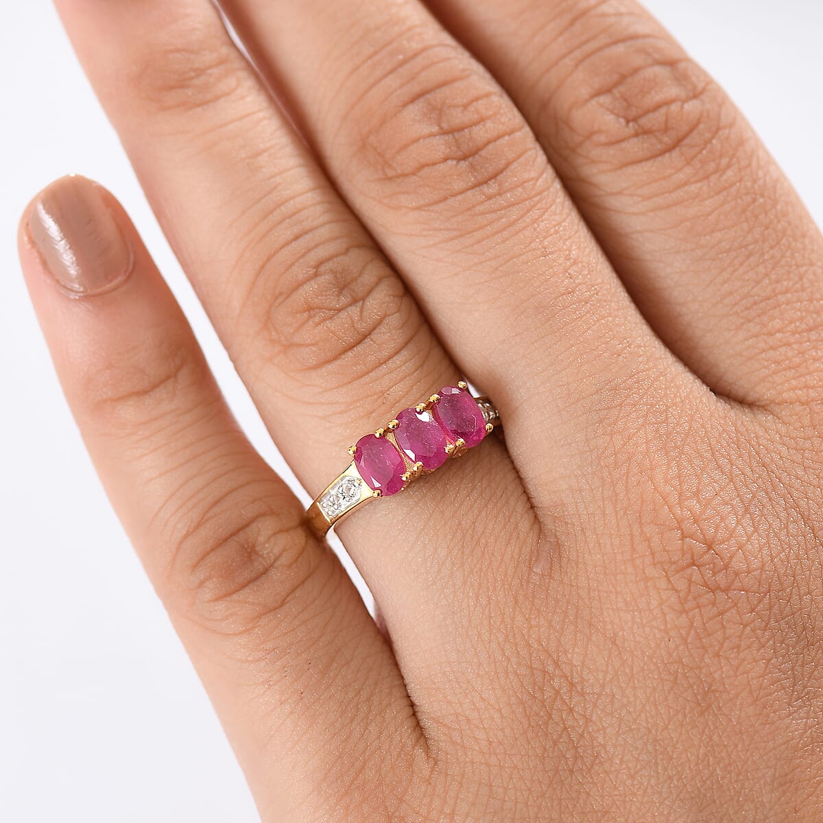 D'Joy Premium African Ruby (FF) and White Zircon 2.20 ctw Ring in 18K YG Plating Sterling Silver (Size 6.5) image number 2