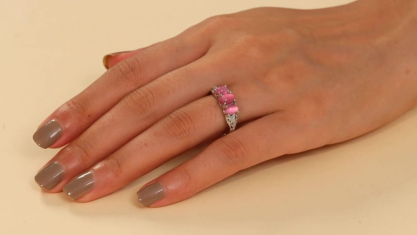 Mulberry Moonstone 1.90 ctw 3 Stone Ring in Rhodium Over Sterling Silver (Size 8.0)