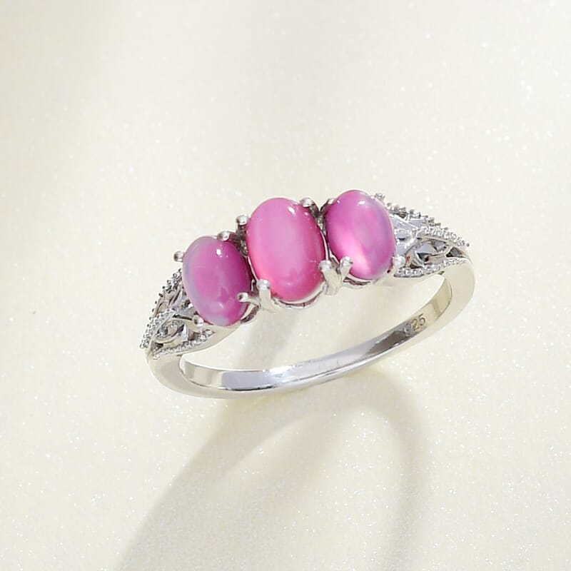 Mulberry Moonstone 1.90 ctw 3 Stone Ring in Rhodium Over Sterling Silver (Size 8.0)