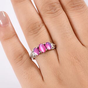 Mulberry Moonstone 1.90 ctw 3 Stone Ring in Rhodium Over Sterling Silver (Size 8.0)