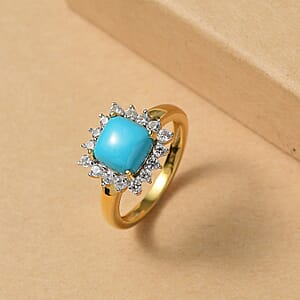 D'Joy Premium Sleeping Beauty Turquoise and White Zircon 3.50 ctw Ring in 18K Vermeil Yellow Gold Over Sterling Silver (Size 6.5)