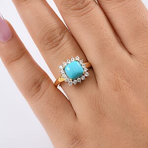D'Joy Premium Sleeping Beauty Turquoise and White Zircon 3.50 ctw Ring in 18K Vermeil Yellow Gold Over Sterling Silver (Size 6.5)