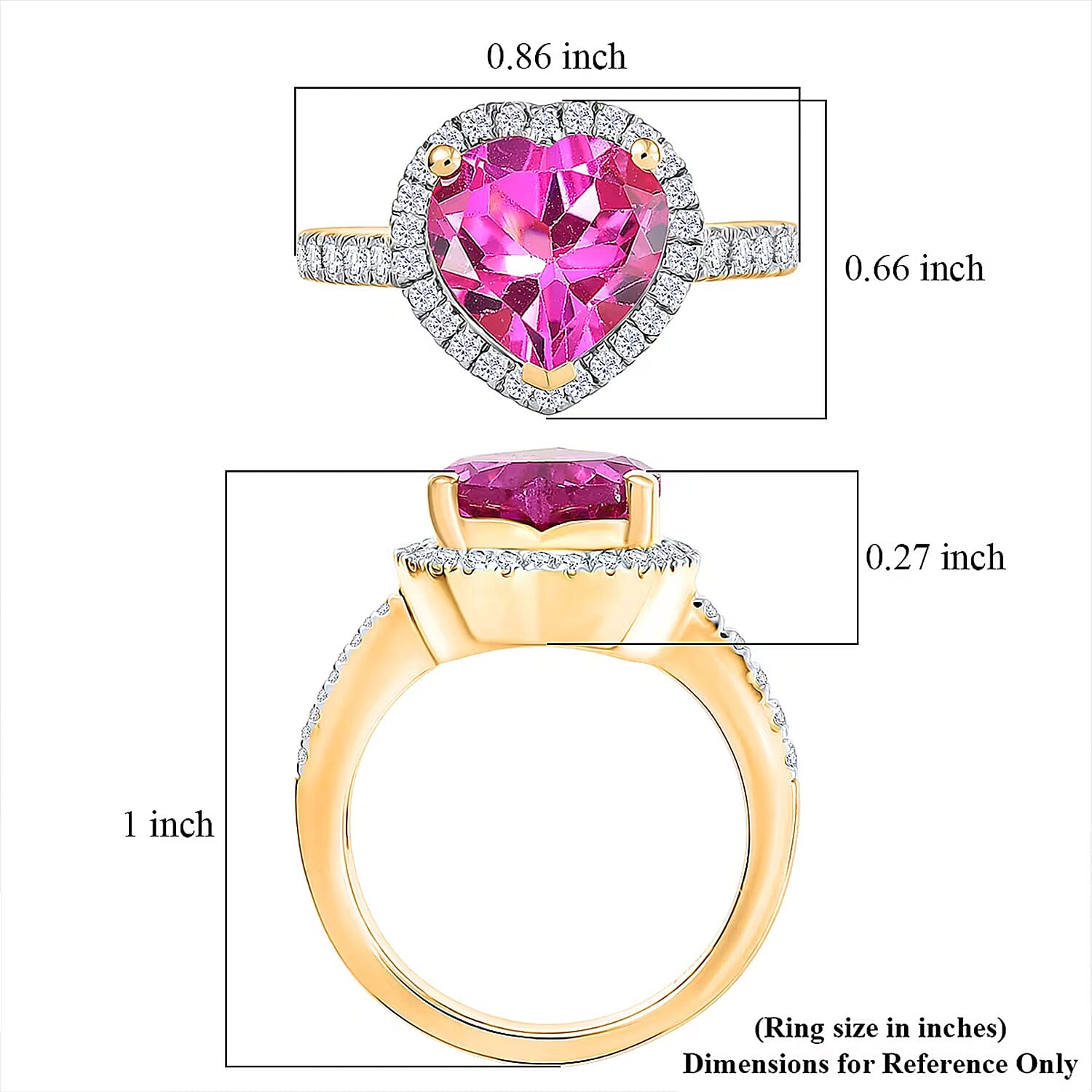 D'Joy Lab Created Pink Sapphire and White Zircon 5.00 ctw Heart Ring in 18K Vermeil Yellow Gold Over Sterling Silver (Size 6.5)