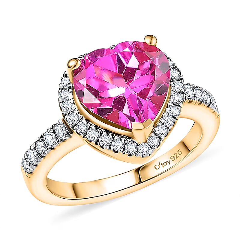 D'Joy Lab Created Pink Sapphire and White Zircon 5.00 ctw Heart Ring in 18K Vermeil Yellow Gold Over Sterling Silver (Size 10.0)